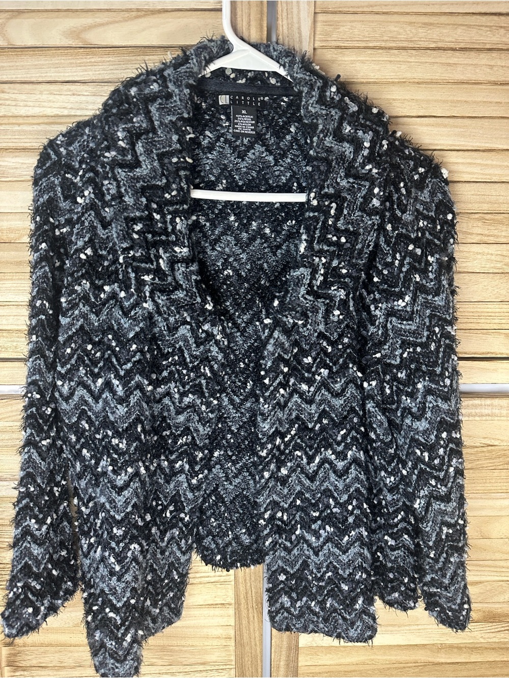 Carole Little Black & Gray Chevron Bouclรฉ Open wool Cardigan